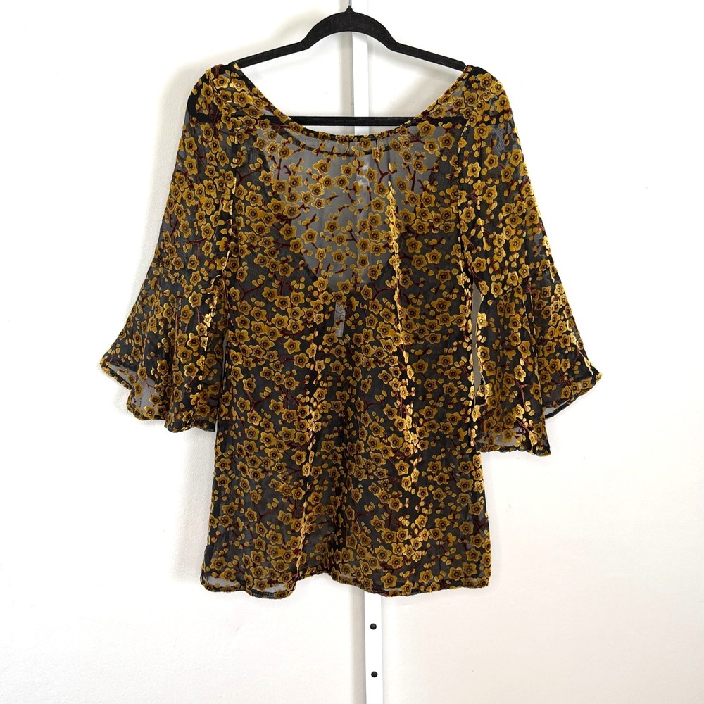 Gypsy Junkies Whimsigoth Boho Tunic Sz M Shine Velvet Burnout Bell Sleeve Floral